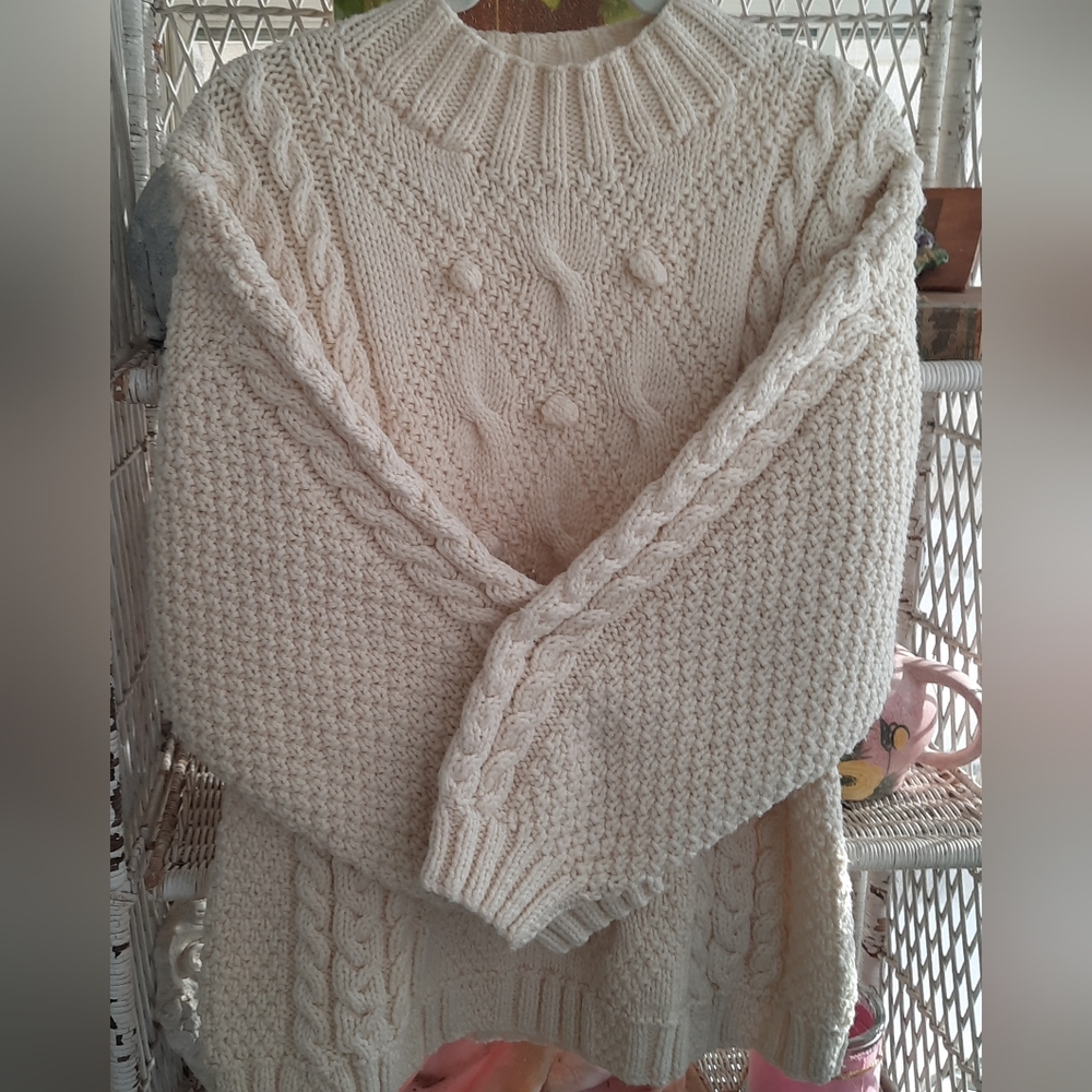 HandKnitted Wool ARAN Unique TUNIC Style Cable Pullover  Size L